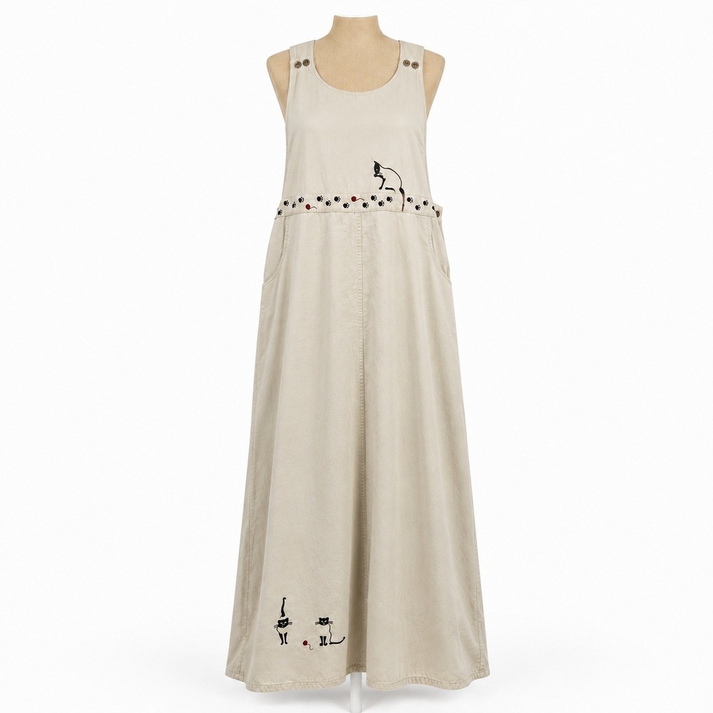 Vtg 90s Kitty Cat Embroidered Pinafore Maxi Dress Size M Tan Sleeveless Cottage